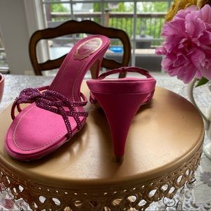 RENE CAOVILLA  PINK CRYSTAL SLIP ON HEELS 7.5 37.5